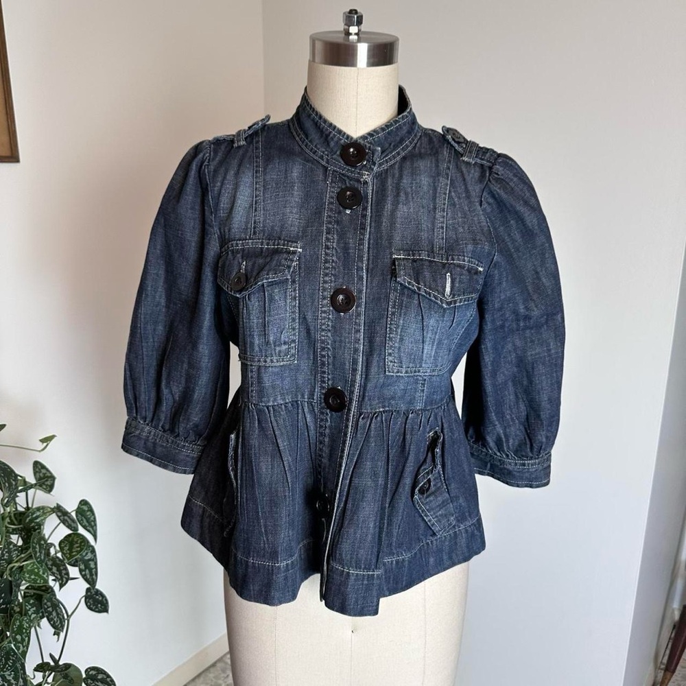 Vintage early 2000s blue denim button-up pea coat jacket with puffy sleeves